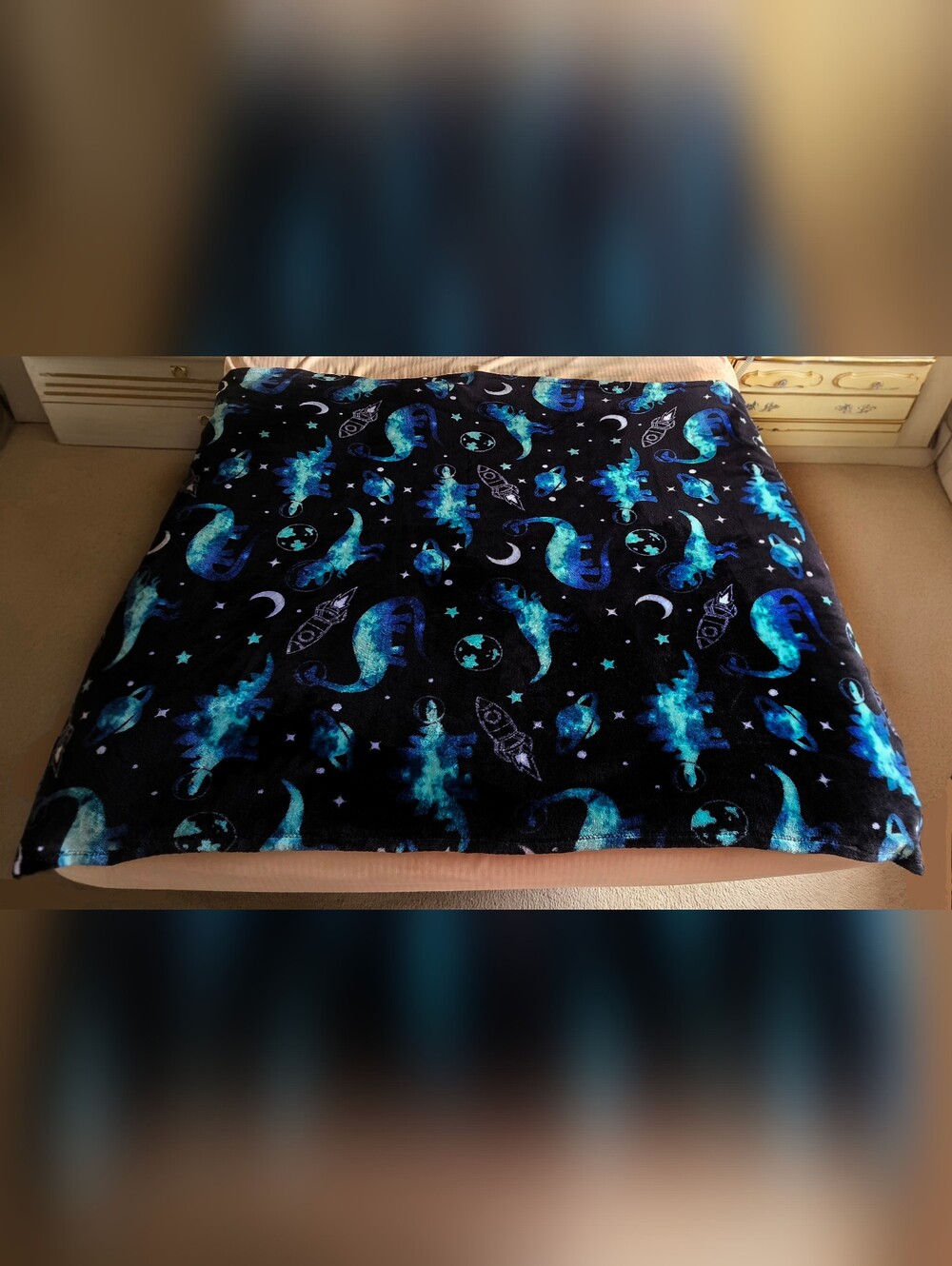 Dinosaur Space Rocket Star Moon Blue Green Black Plush Blanket Throw 50"x 60"